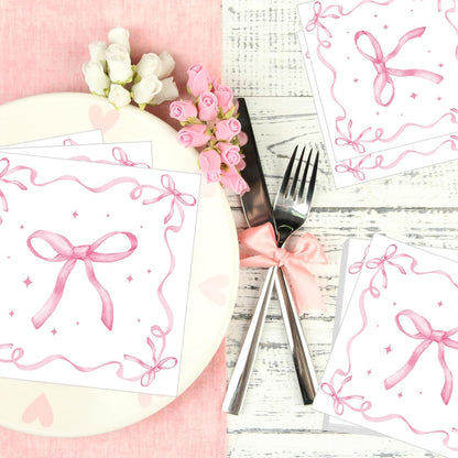 50 Pack Pink Ribbon Bow Paper Napkins, Disposable Coquette-Inspired Bow Cocktail Napkins for Girls Birthday, Sweetie-Soirées, Baby Shower, Bridal Shower, Bachelorette, and Tea Party Decorations