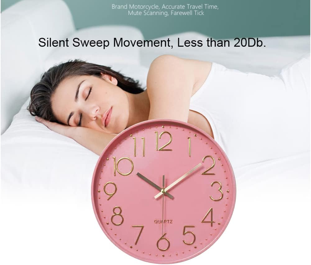 12 in Wall Clock Non-Ticking Quartz Silent Battery Operated Round Clocks Home Kitchen Office School Living Room Decor Clocks (Pink-Rose)
