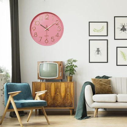 12 in Wall Clock Non-Ticking Quartz Silent Battery Operated Round Clocks Home Kitchen Office School Living Room Decor Clocks (Pink-Rose)
