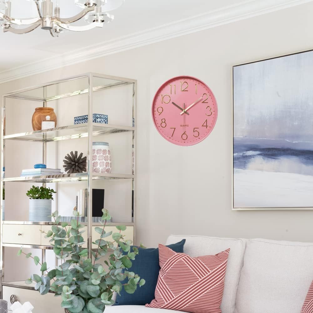 12 in Wall Clock Non-Ticking Quartz Silent Battery Operated Round Clocks Home Kitchen Office School Living Room Decor Clocks (Pink-Rose)