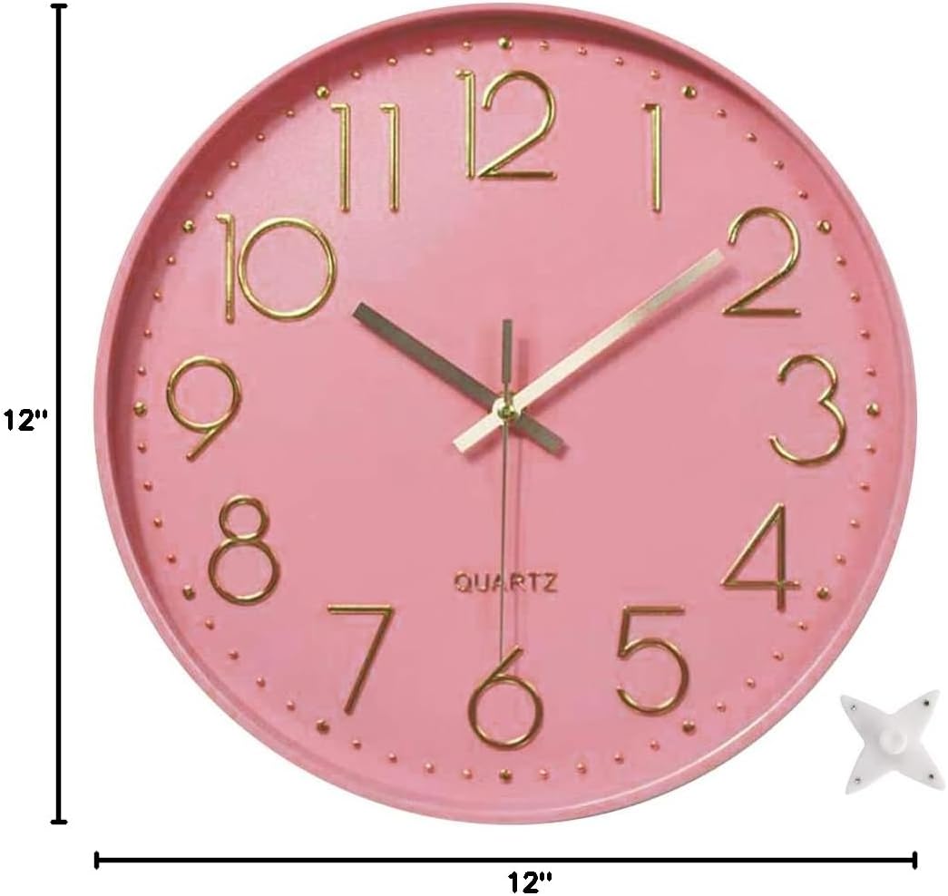 12 in Wall Clock Non-Ticking Quartz Silent Battery Operated Round Clocks Home Kitchen Office School Living Room Decor Clocks (Pink-Rose)