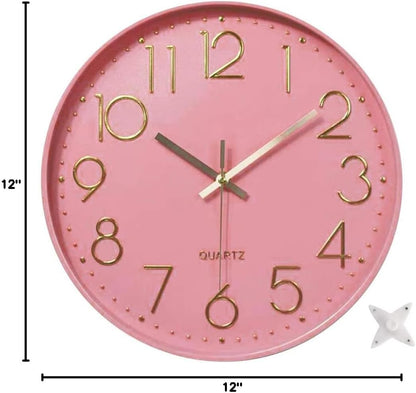 12 in Wall Clock Non-Ticking Quartz Silent Battery Operated Round Clocks Home Kitchen Office School Living Room Decor Clocks (Pink-Rose)
