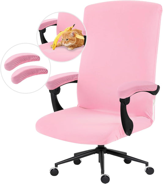 Stretch Computer Office Chair Cover with Armrest Covers Durable Zipper Universal Washable Removable Spandex Rotating Boss Chair Slipcovers Anti-dust Soft Desk Chair Seat Protector, Pink
