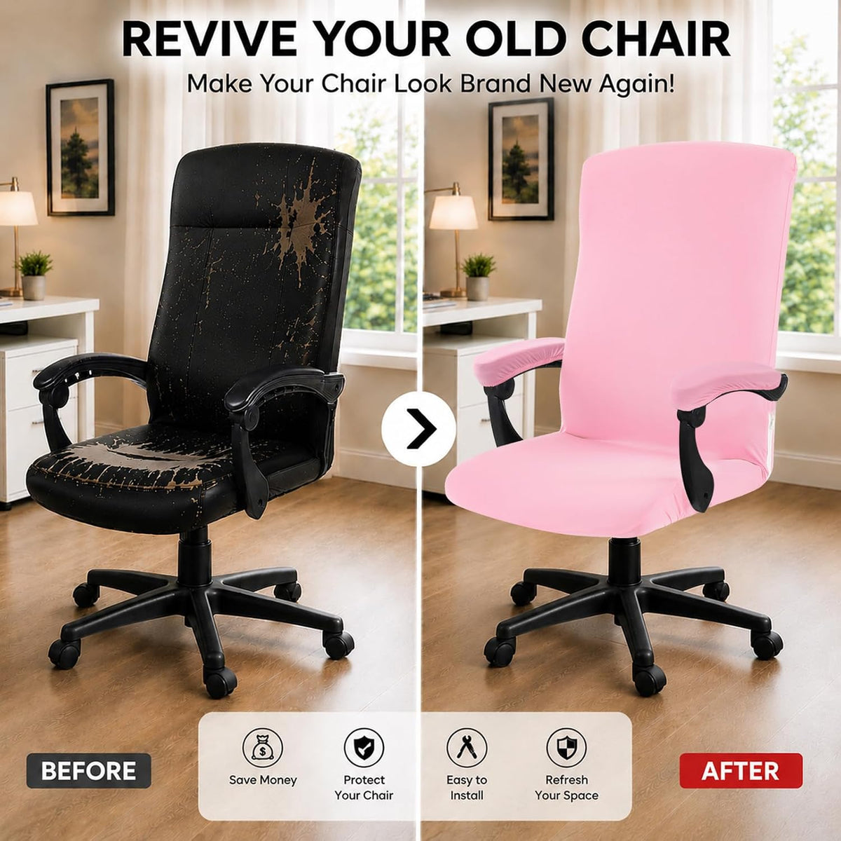 Stretch Computer Office Chair Cover with Armrest Covers Durable Zipper Universal Washable Removable Spandex Rotating Boss Chair Slipcovers Anti-dust Soft Desk Chair Seat Protector, Pink