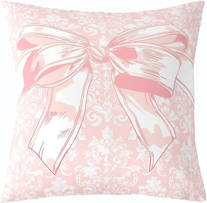 Girly Bowknot Throw Pillow Cover Lace Damask Pink Bow Tie Print Pillow Cover Soft Polyester for Bedroom Sofa Antique Victorian Baroque Home Decor Cushion Case Pillowcase 22"x22"
