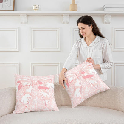 Girly Bowknot Throw Pillow Cover Lace Damask Pink Bow Tie Print Pillow Cover Soft Polyester for Bedroom Sofa Antique Victorian Baroque Home Decor Cushion Case Pillowcase 22"x22"