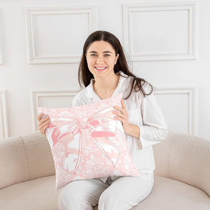 Girly Bowknot Throw Pillow Cover Lace Damask Pink Bow Tie Print Pillow Cover Soft Polyester for Bedroom Sofa Antique Victorian Baroque Home Decor Cushion Case Pillowcase 22"x22"