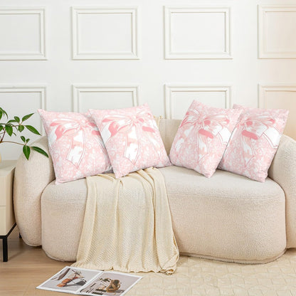 Girly Bowknot Throw Pillow Cover Lace Damask Pink Bow Tie Print Pillow Cover Soft Polyester for Bedroom Sofa Antique Victorian Baroque Home Decor Cushion Case Pillowcase 22"x22"
