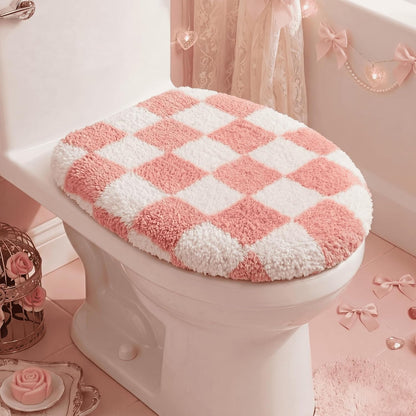 Pink White Checkered Bathroom Toilet Lid Cover Soft Microfiber Toilet Top Cover 17.5" x 15" Washable Aesthetic Bathroom Decor Fits Most Round, Elongated and Oblong Lids, Machine Washable