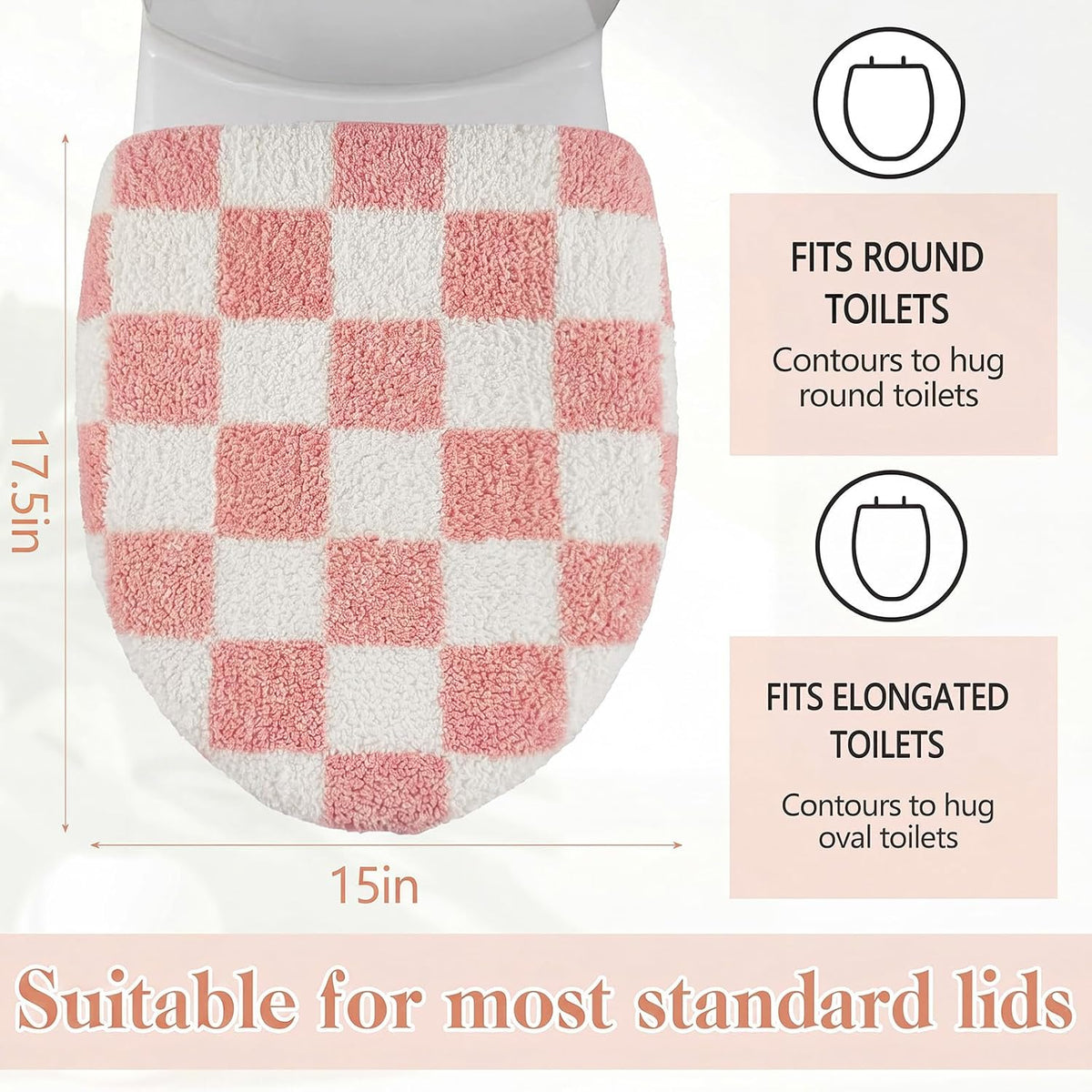 Pink White Checkered Bathroom Toilet Lid Cover Soft Microfiber Toilet Top Cover 17.5" x 15" Washable Aesthetic Bathroom Decor Fits Most Round, Elongated and Oblong Lids, Machine Washable