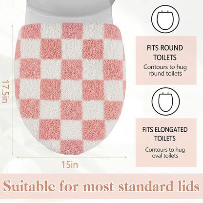 Pink White Checkered Bathroom Toilet Lid Cover Soft Microfiber Toilet Top Cover 17.5" x 15" Washable Aesthetic Bathroom Decor Fits Most Round, Elongated and Oblong Lids, Machine Washable