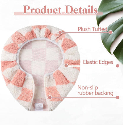 Pink White Checkered Bathroom Toilet Lid Cover Soft Microfiber Toilet Top Cover 17.5" x 15" Washable Aesthetic Bathroom Decor Fits Most Round, Elongated and Oblong Lids, Machine Washable
