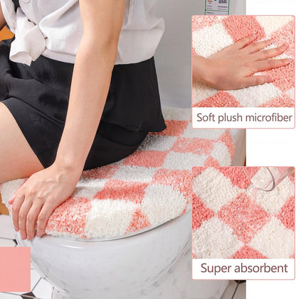 Pink White Checkered Bathroom Toilet Lid Cover Soft Microfiber Toilet Top Cover 17.5" x 15" Washable Aesthetic Bathroom Decor Fits Most Round, Elongated and Oblong Lids, Machine Washable