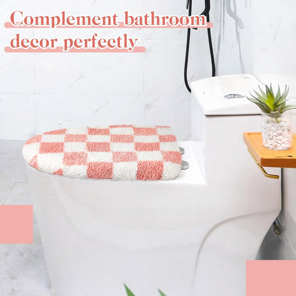 Pink White Checkered Bathroom Toilet Lid Cover Soft Microfiber Toilet Top Cover 17.5" x 15" Washable Aesthetic Bathroom Decor Fits Most Round, Elongated and Oblong Lids, Machine Washable
