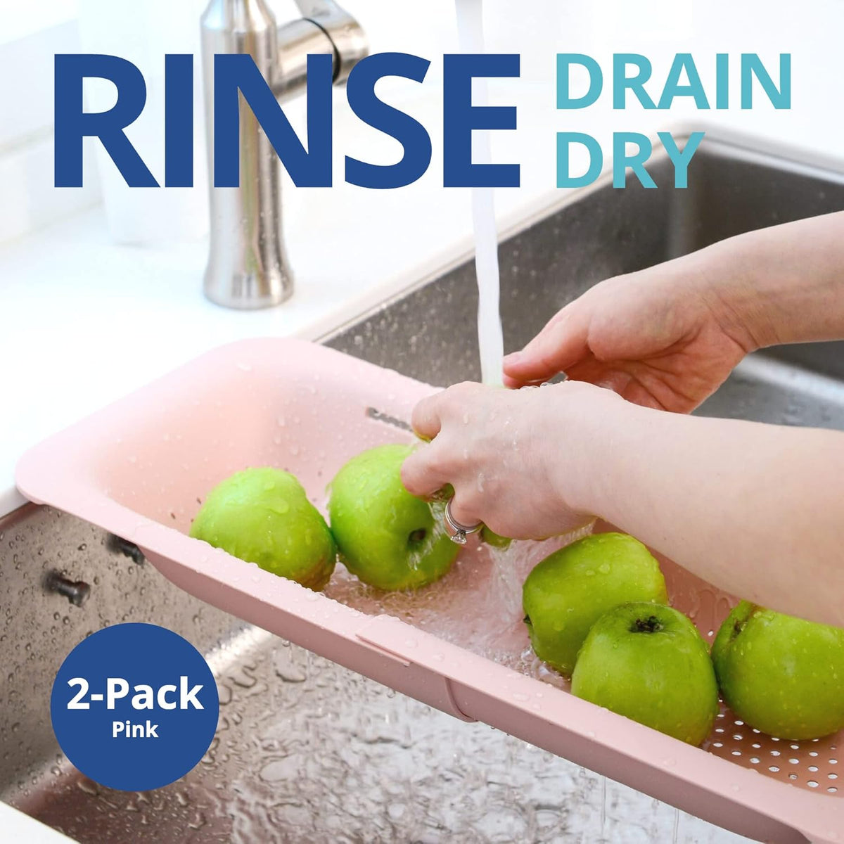 Over Sink Colander, Extendable Kitchen Strainer, 2-Pack, Pink