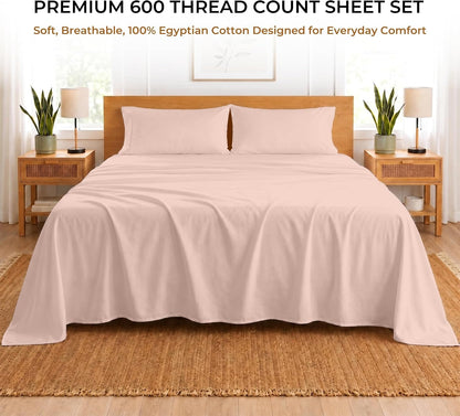 4 Pc Custom Sheet Set – 600 Thread Count 100% Egyptian Cotton – Premium Luxury Bedding, Soft Cooling Sateen Weave, Deep Pocket – Customizable Bed Sheet Set (Desired Dimensions) – Peach