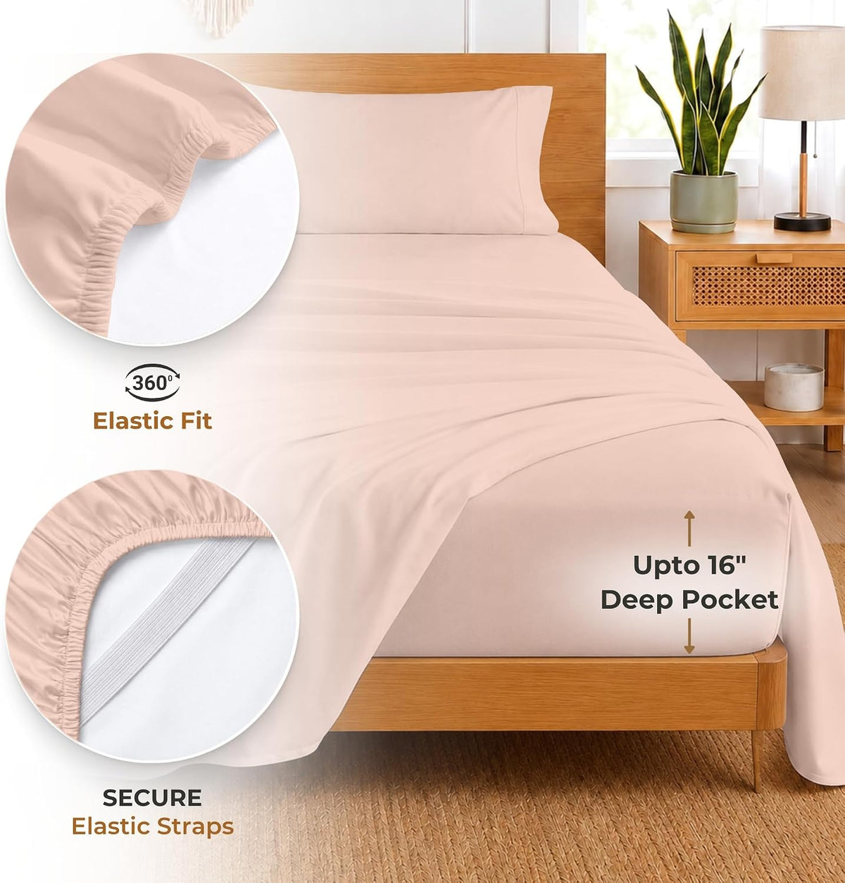 4 Pc Custom Sheet Set – 600 Thread Count 100% Egyptian Cotton – Premium Luxury Bedding, Soft Cooling Sateen Weave, Deep Pocket – Customizable Bed Sheet Set (Desired Dimensions) – Peach