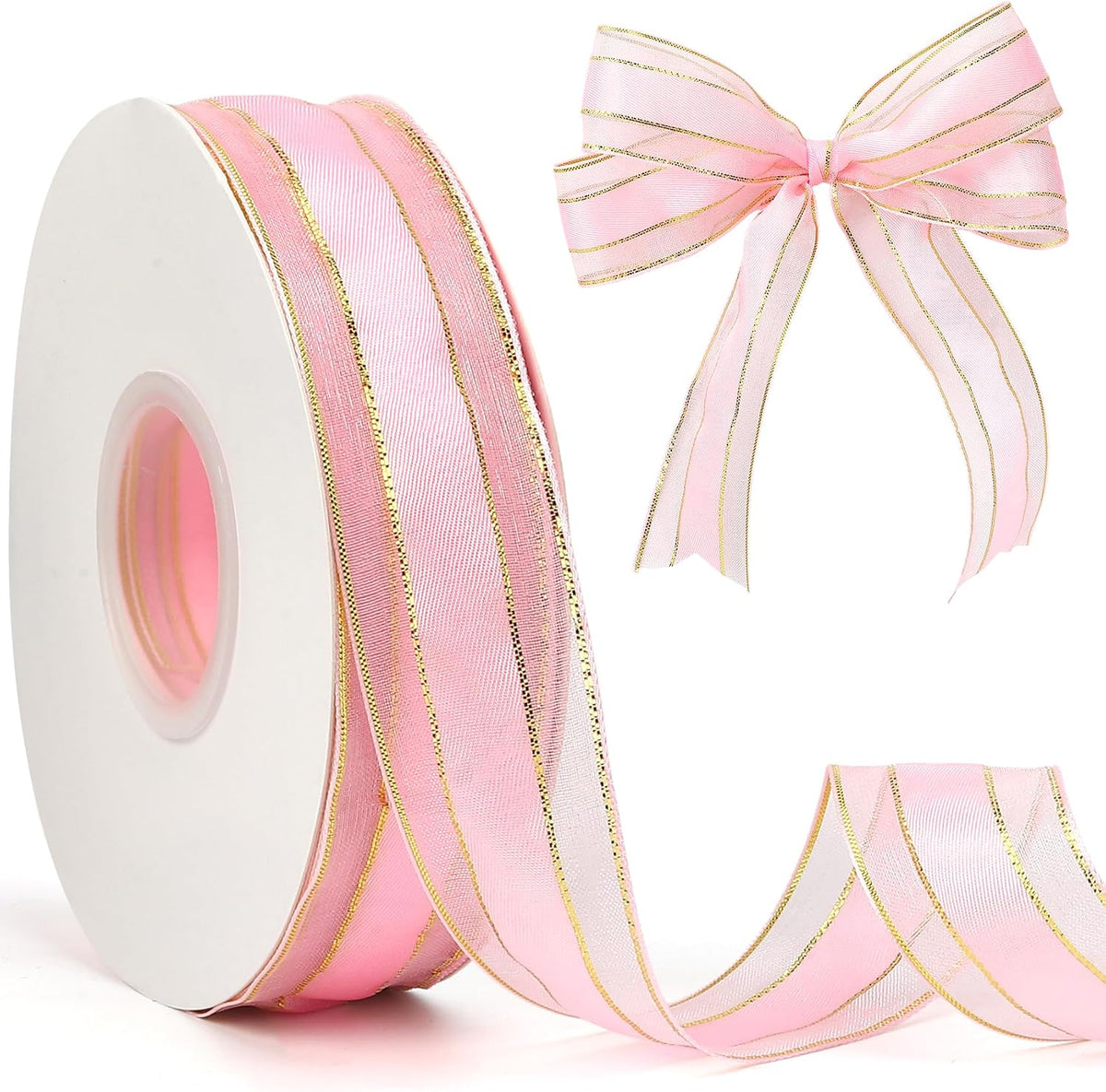 Pink Ribbon for Gift Wrapping 1 Inch 50 Yards Pink Sheer Christmas Organza Ribbon Gold Edge Chiffon Ribbons for Weeding Invitations Bridal Bouquet Valentines Baby Shower Decor Crafts Hair Bow