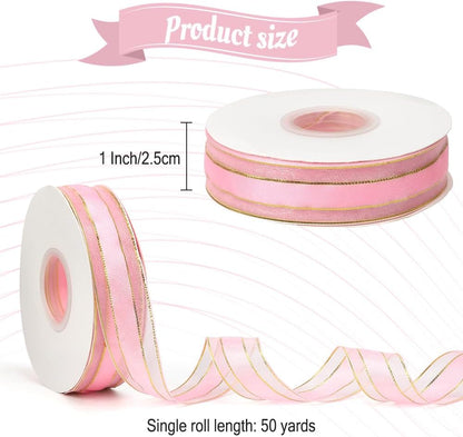 Pink Ribbon for Gift Wrapping 1 Inch 50 Yards Pink Sheer Christmas Organza Ribbon Gold Edge Chiffon Ribbons for Weeding Invitations Bridal Bouquet Valentines Baby Shower Decor Crafts Hair Bow
