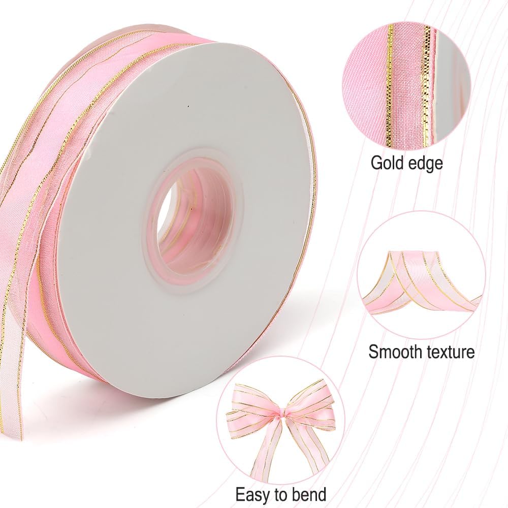 Pink Ribbon for Gift Wrapping 1 Inch 50 Yards Pink Sheer Christmas Organza Ribbon Gold Edge Chiffon Ribbons for Weeding Invitations Bridal Bouquet Valentines Baby Shower Decor Crafts Hair Bow