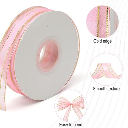 Pink Ribbon for Gift Wrapping 1 Inch 50 Yards Pink Sheer Christmas Organza Ribbon Gold Edge Chiffon Ribbons for Weeding Invitations Bridal Bouquet Valentines Baby Shower Decor Crafts Hair Bow
