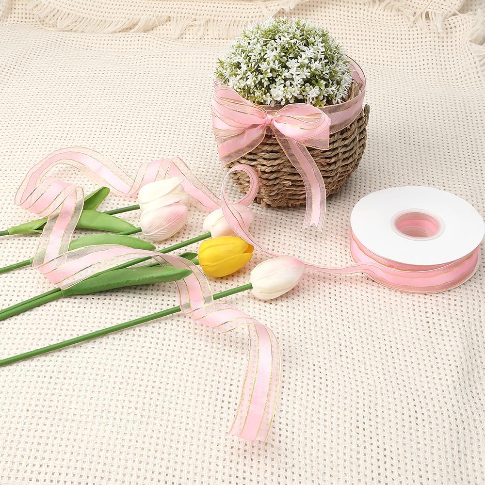 Pink Ribbon for Gift Wrapping 1 Inch 50 Yards Pink Sheer Christmas Organza Ribbon Gold Edge Chiffon Ribbons for Weeding Invitations Bridal Bouquet Valentines Baby Shower Decor Crafts Hair Bow