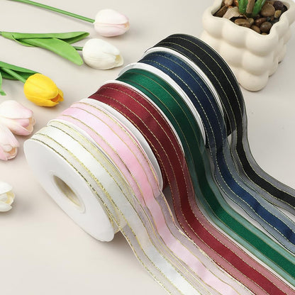 Pink Ribbon for Gift Wrapping 1 Inch 50 Yards Pink Sheer Christmas Organza Ribbon Gold Edge Chiffon Ribbons for Weeding Invitations Bridal Bouquet Valentines Baby Shower Decor Crafts Hair Bow