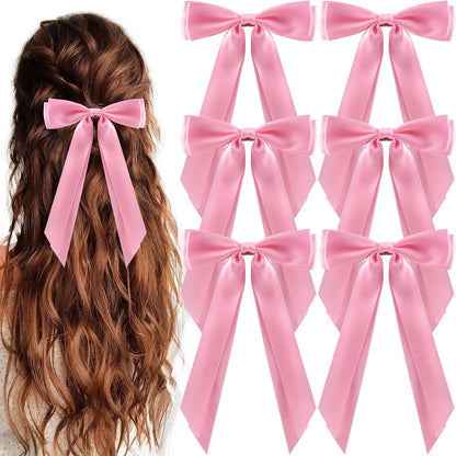 6Pcs Hair Bows Clips for Hair Silky Satin Ribbon Alligator Barrettes French Hair Ponytail Holders Cute Accessories for Women Girls(Pink)
