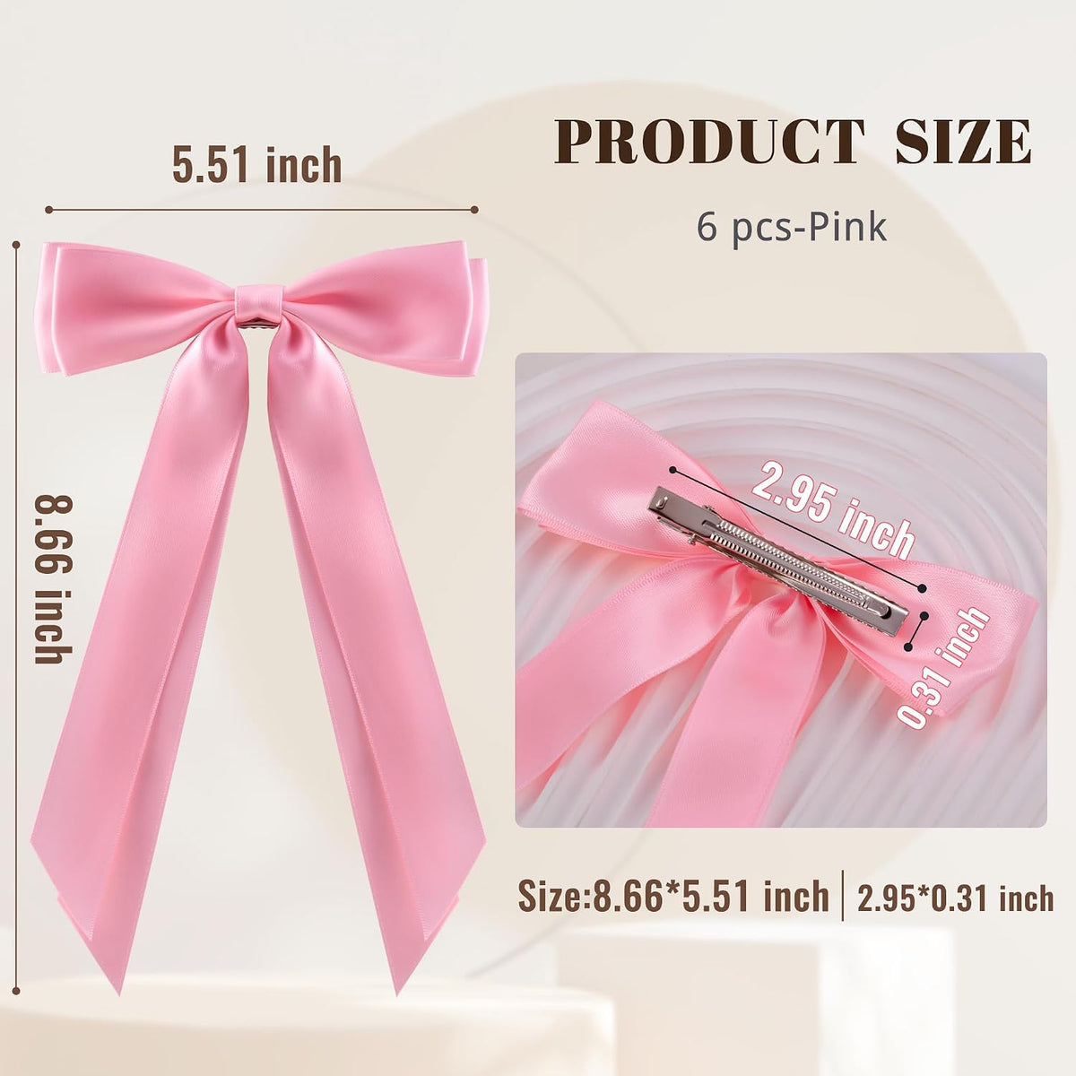 6Pcs Hair Bows Clips for Hair Silky Satin Ribbon Alligator Barrettes French Hair Ponytail Holders Cute Accessories for Women Girls(Pink)