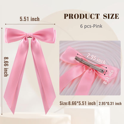 6Pcs Hair Bows Clips for Hair Silky Satin Ribbon Alligator Barrettes French Hair Ponytail Holders Cute Accessories for Women Girls(Pink)