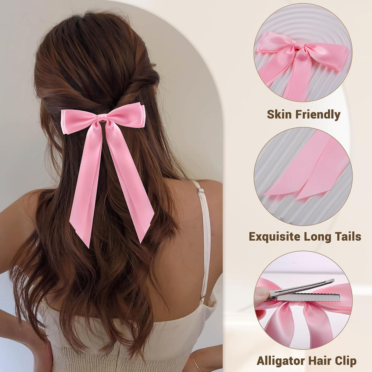 6Pcs Hair Bows Clips for Hair Silky Satin Ribbon Alligator Barrettes French Hair Ponytail Holders Cute Accessories for Women Girls(Pink)