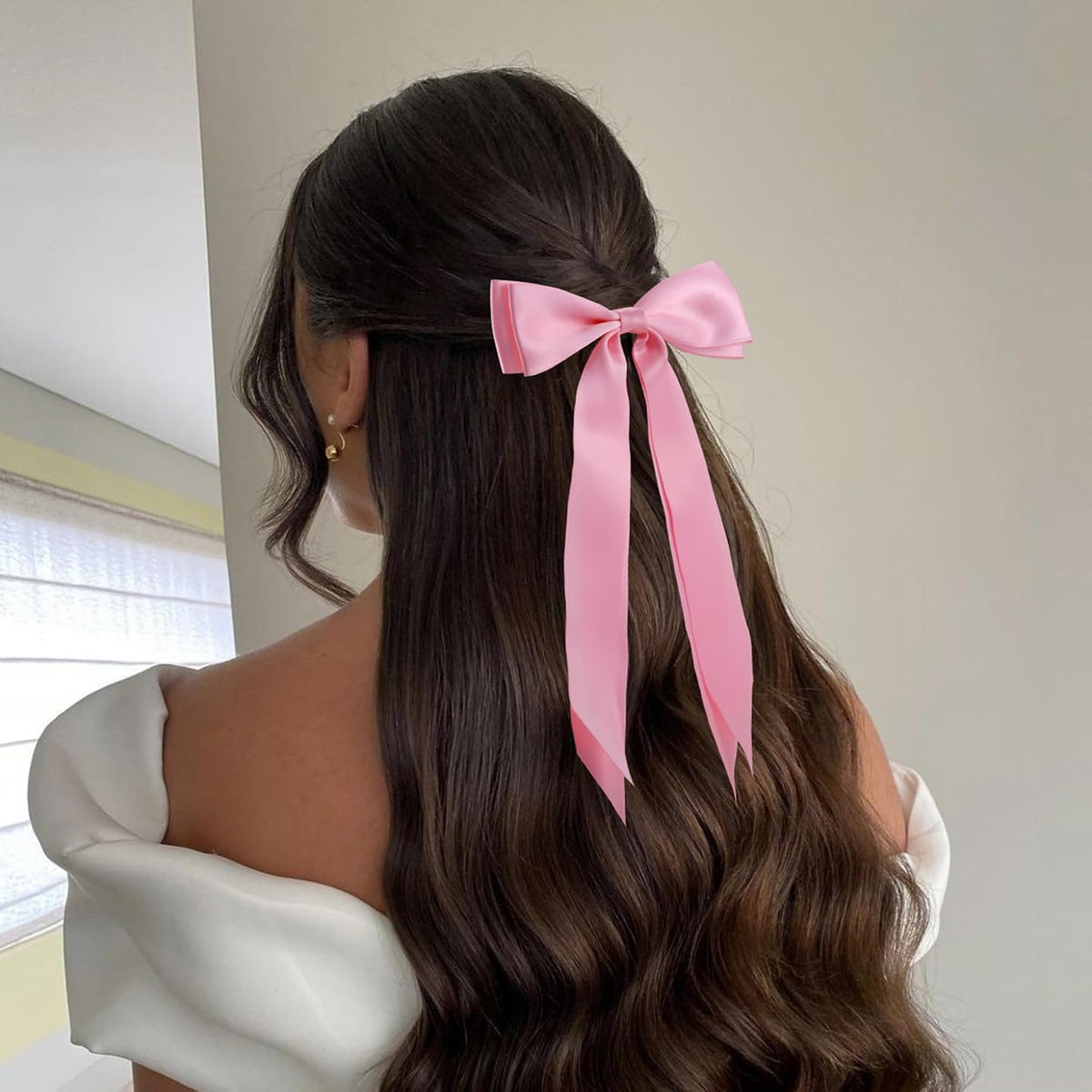 6Pcs Hair Bows Clips for Hair Silky Satin Ribbon Alligator Barrettes French Hair Ponytail Holders Cute Accessories for Women Girls(Pink)