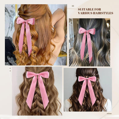 6Pcs Hair Bows Clips for Hair Silky Satin Ribbon Alligator Barrettes French Hair Ponytail Holders Cute Accessories for Women Girls(Pink)