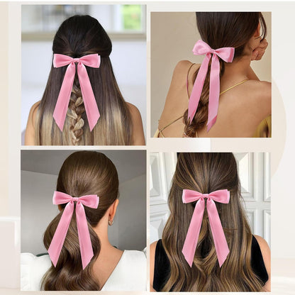6Pcs Hair Bows Clips for Hair Silky Satin Ribbon Alligator Barrettes French Hair Ponytail Holders Cute Accessories for Women Girls(Pink)