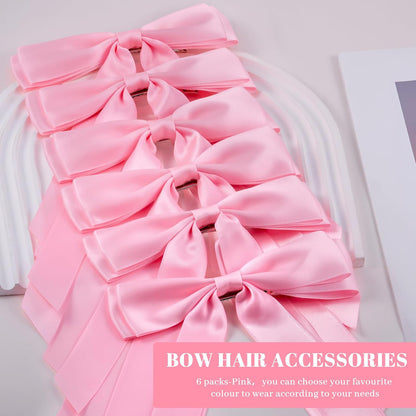 6Pcs Hair Bows Clips for Hair Silky Satin Ribbon Alligator Barrettes French Hair Ponytail Holders Cute Accessories for Women Girls(Pink)