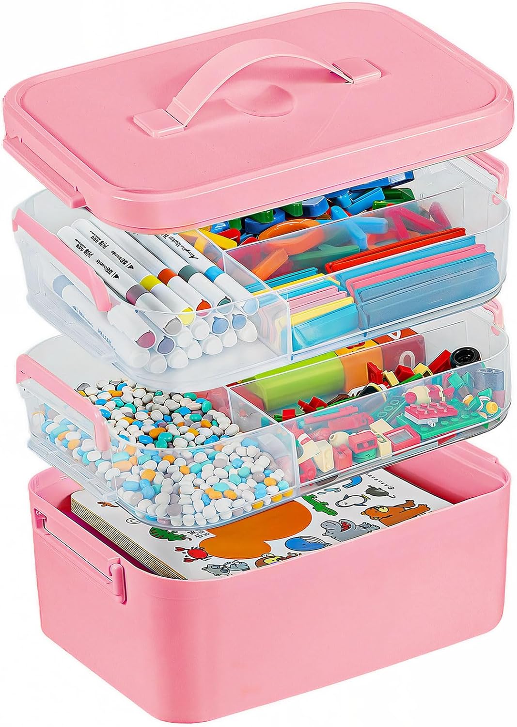3-Layer Plastic Craft Organizers and Storage Box with Removable Trays, Storage Containers with lids and Handle, Art Supply Storage Organizer for Bead, Ornament, Nail Polish, Tape（Pink）