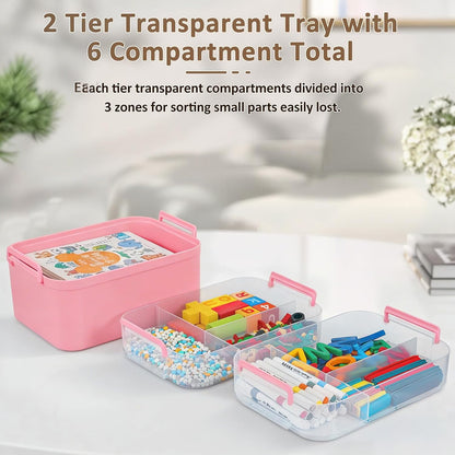 3-Layer Plastic Craft Organizers and Storage Box with Removable Trays, Storage Containers with lids and Handle, Art Supply Storage Organizer for Bead, Ornament, Nail Polish, Tape（Pink）