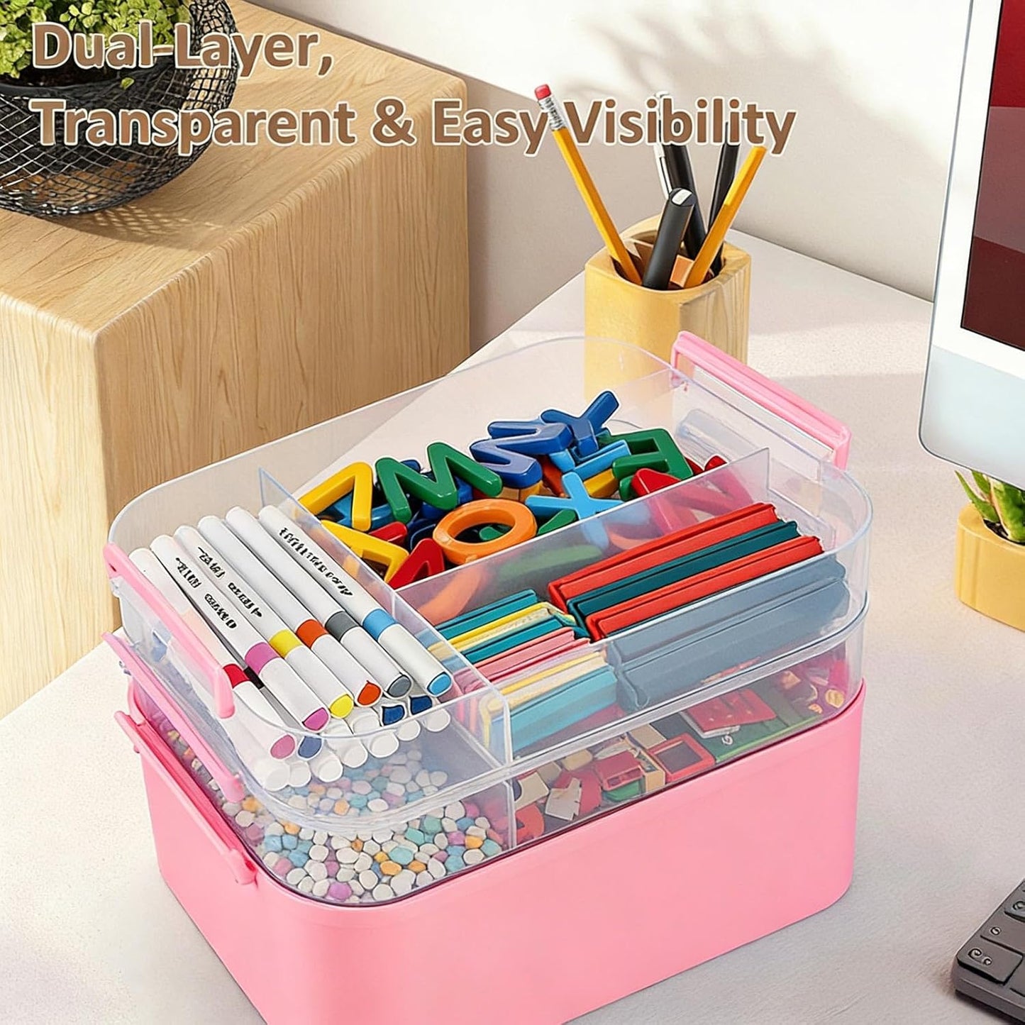3-Layer Plastic Craft Organizers and Storage Box with Removable Trays, Storage Containers with lids and Handle, Art Supply Storage Organizer for Bead, Ornament, Nail Polish, Tape（Pink）