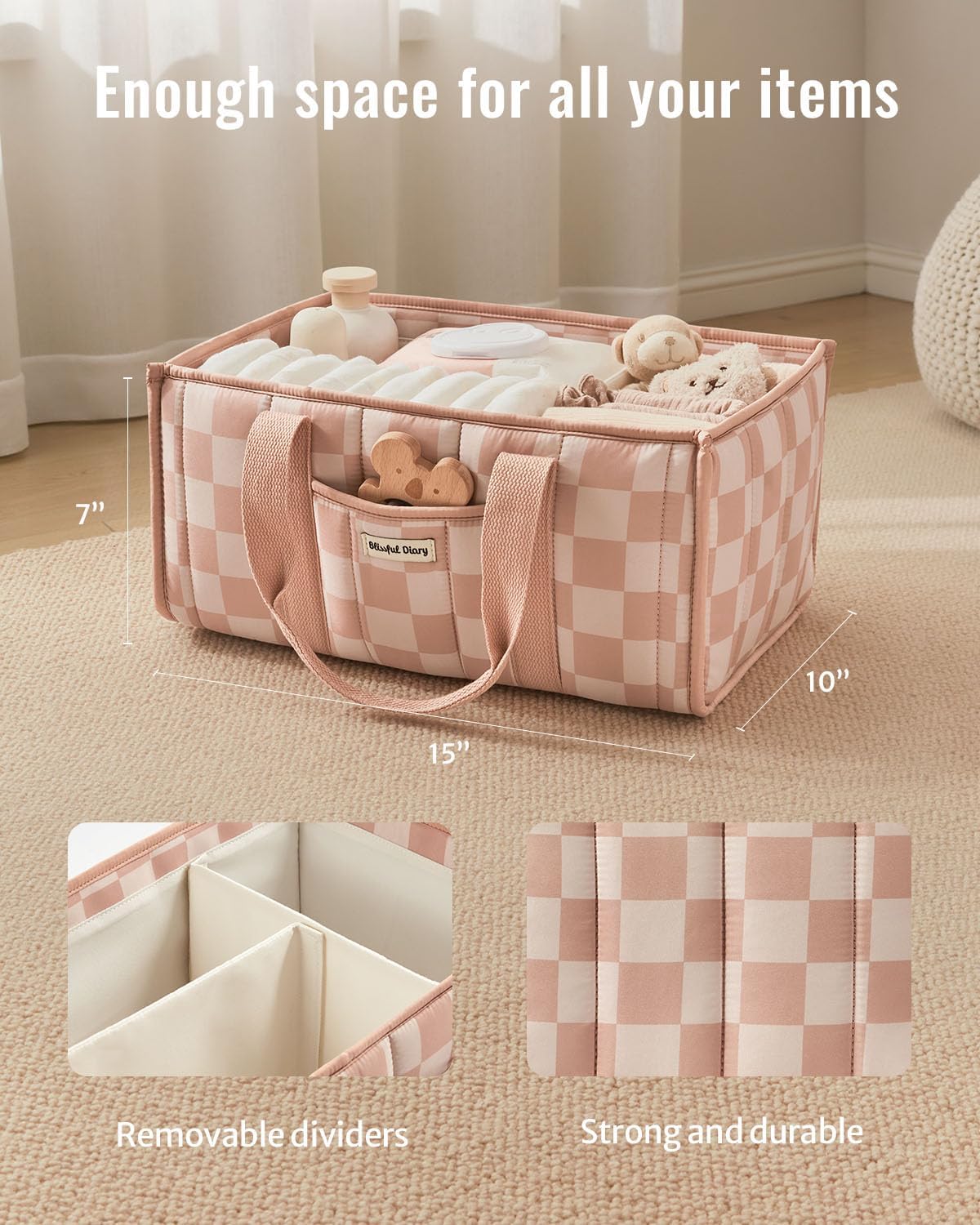 Checkered Diaper Caddy Organizer, Storage Basket, Pink