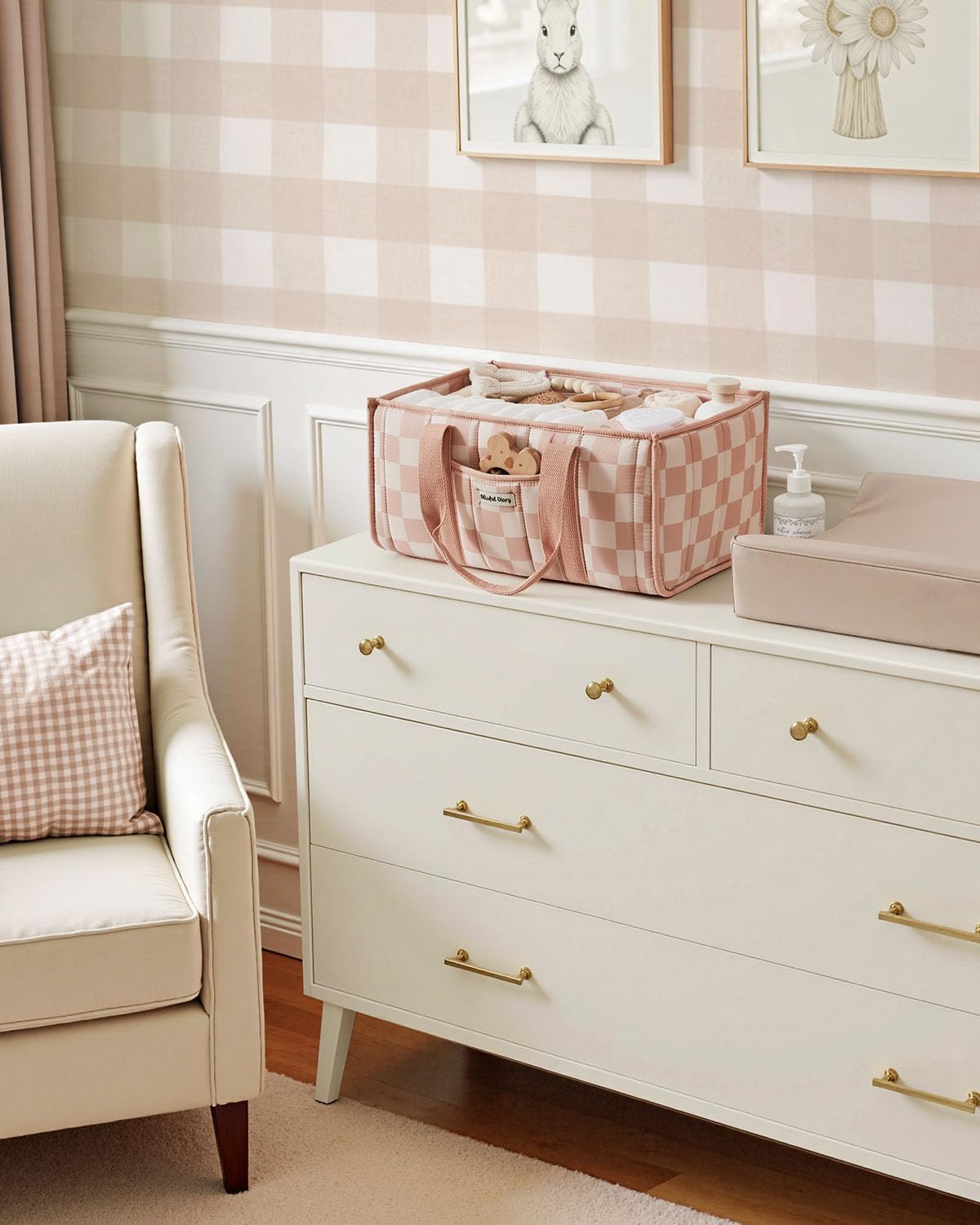 Checkered Diaper Caddy Organizer, Storage Basket, Pink