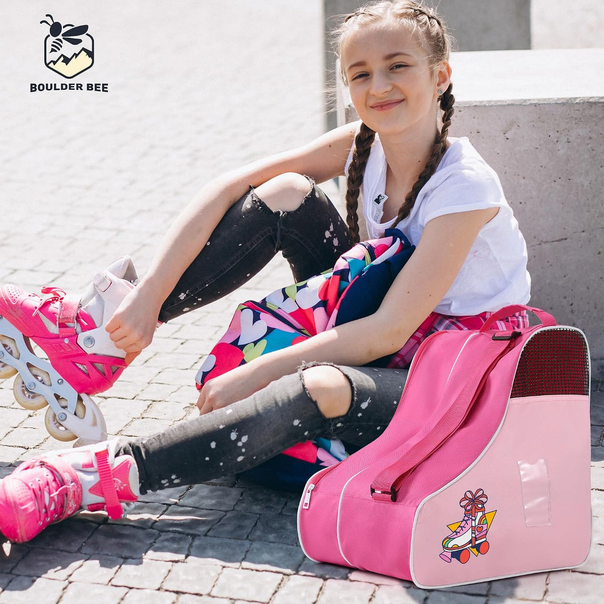 Roller Skate Bag, Ice Skate Bag for Women with Adjustable Shoulder Strap, Shoe Bag for Ice Skating/Inline Skates, for Both Kids and Adults