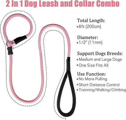 Strong Slip Rope Dog Training Leash (6ft) - Heavy Duty Durable Braided Nylon Lead with Rubber Stopper & Padded Handle - No Pull Walking for Medium Large Dogs (Pink, 1/2" x 6ft)