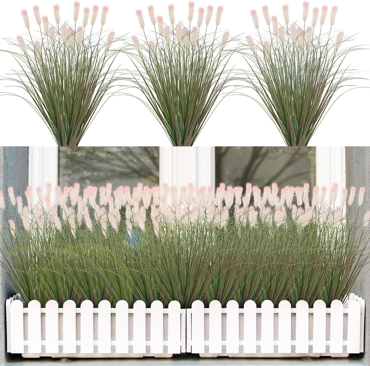 Artificial Grasses Plants Oudoor 24 Bunches Onion Grass Greenery with Plush Faux Fake Shrubs Plant Onion Wheat Grass for Outside Garden Indoor House Home Office Décor (Light Purple & Pink Plush）
