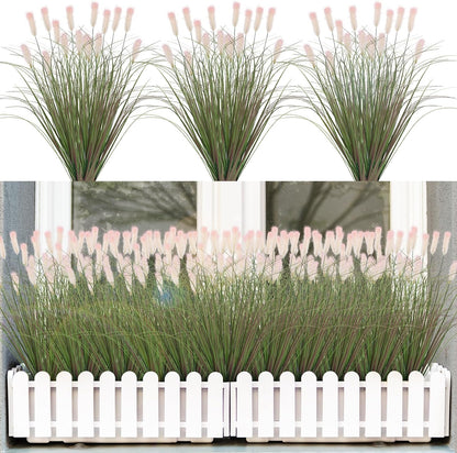 Artificial Grasses Plants Oudoor 24 Bunches Onion Grass Greenery with Plush Faux Fake Shrubs Plant Onion Wheat Grass for Outside Garden Indoor House Home Office Décor (Light Purple & Pink Plush）