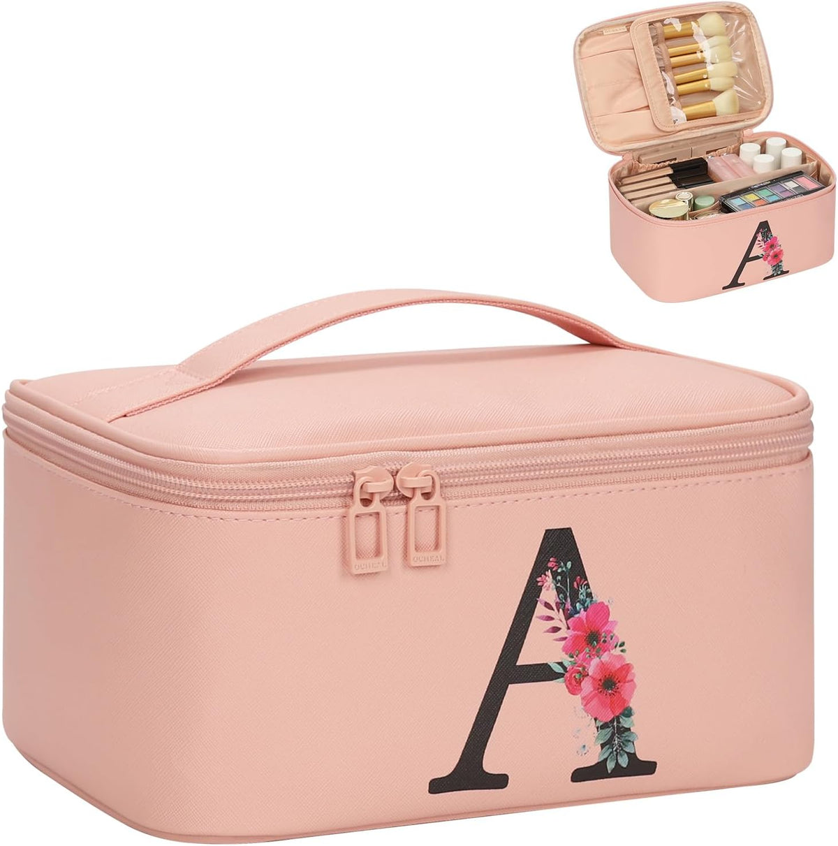 Initial Makeup Bag,Monogram Make up Bag Pink Travel Makeup Organizer Case Beauty Toiletry Cosmetic Bag with Brush Holder, Trendy Stuff Personalized Gifts for Women and Girls-A