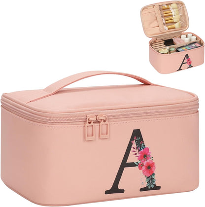 Initial Makeup Bag,Monogram Make up Bag Pink Travel Makeup Organizer Case Beauty Toiletry Cosmetic Bag with Brush Holder, Trendy Stuff Personalized Gifts for Women and Girls-A