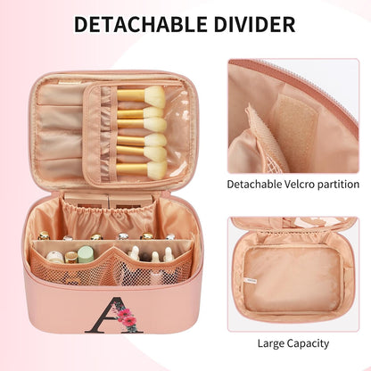 Initial Makeup Bag,Monogram Make up Bag Pink Travel Makeup Organizer Case Beauty Toiletry Cosmetic Bag with Brush Holder, Trendy Stuff Personalized Gifts for Women and Girls-A