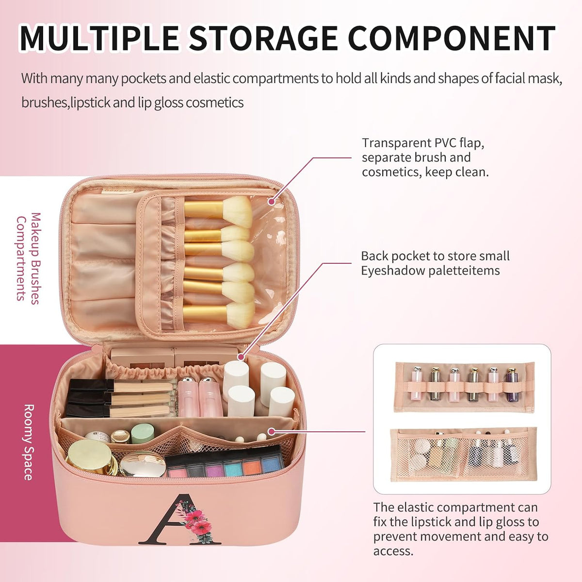 Initial Makeup Bag,Monogram Make up Bag Pink Travel Makeup Organizer Case Beauty Toiletry Cosmetic Bag with Brush Holder, Trendy Stuff Personalized Gifts for Women and Girls-A