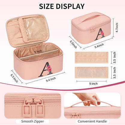 Initial Makeup Bag,Monogram Make up Bag Pink Travel Makeup Organizer Case Beauty Toiletry Cosmetic Bag with Brush Holder, Trendy Stuff Personalized Gifts for Women and Girls-A