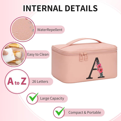 Initial Makeup Bag,Monogram Make up Bag Pink Travel Makeup Organizer Case Beauty Toiletry Cosmetic Bag with Brush Holder, Trendy Stuff Personalized Gifts for Women and Girls-A